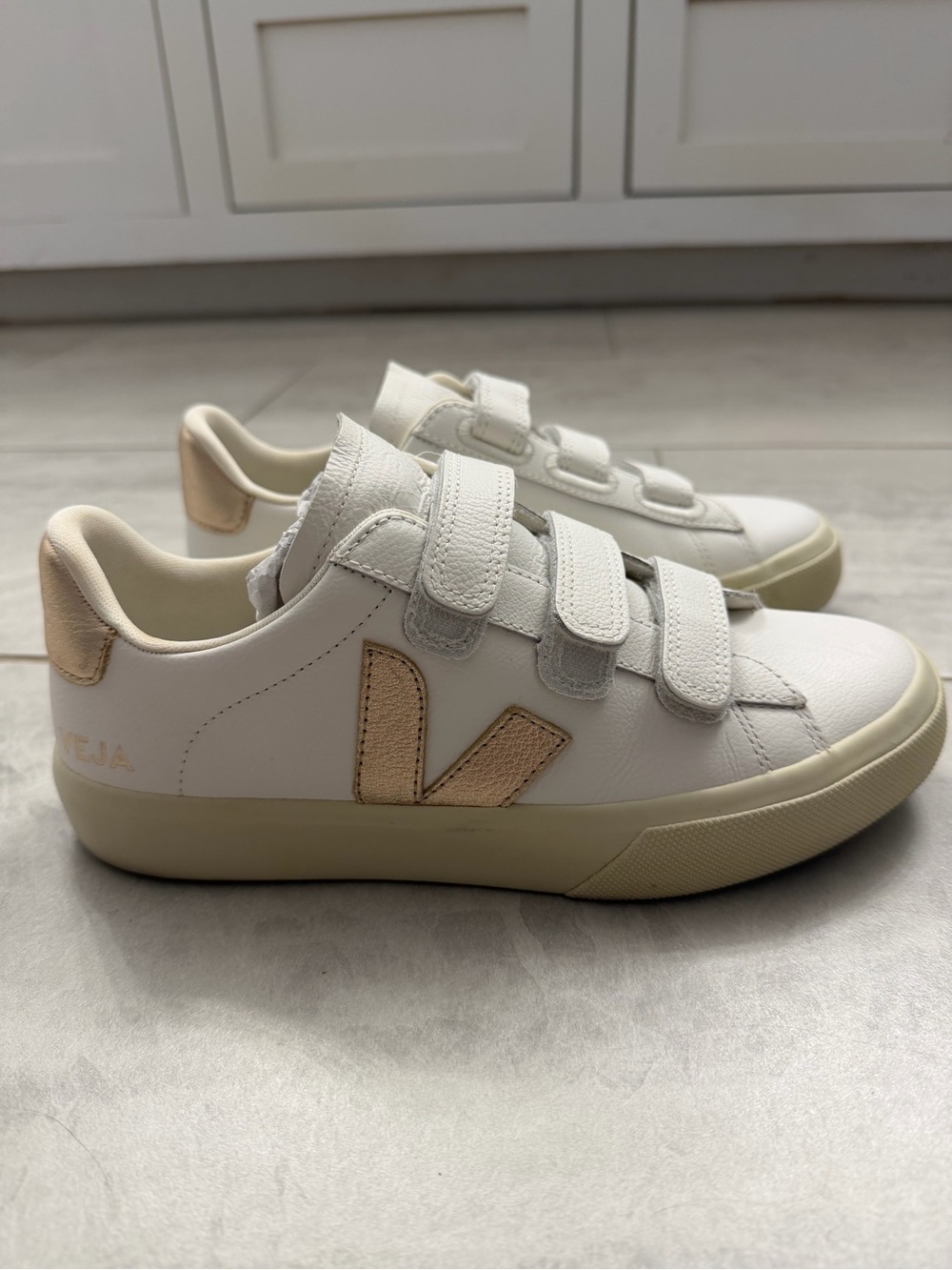 Veja White Sneakers with Gold V Logo
